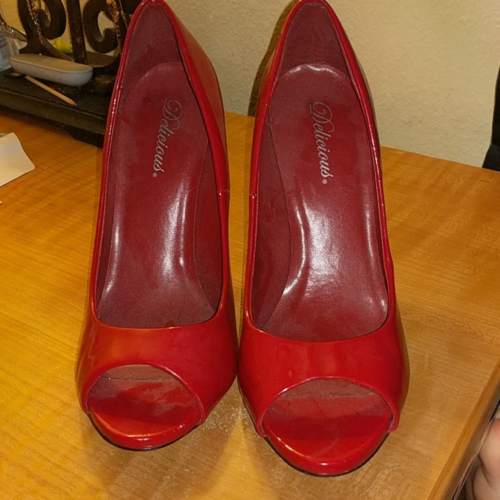 Red open toe heels